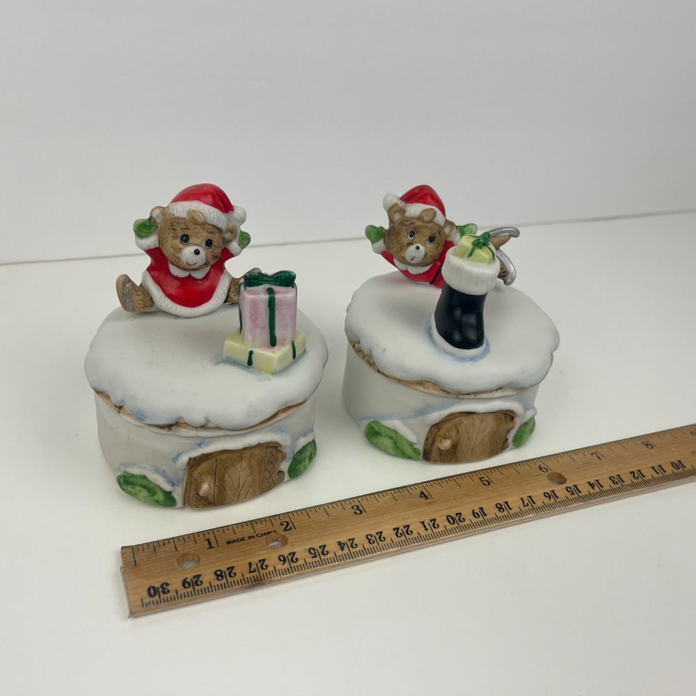 Vtg 2 Homco Christmas Holiday Teddy Bears Trinket Box Round Porcelain w Lid Deco